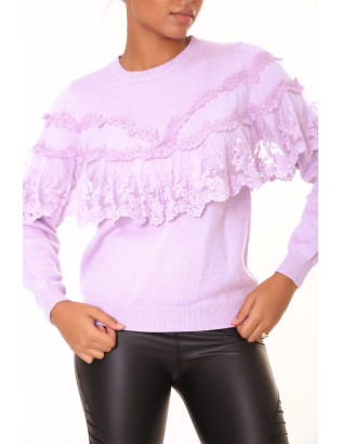 Pull lila à col rond et volants en dentelle - 7