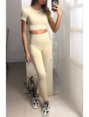 Ensemble legging et top sport beige en matière gênante - 4