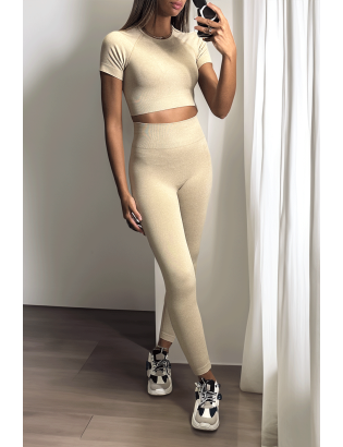 Ensemble legging et top sport beige en matière gênante - 5