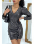 Robe noir col V en simili avec froncé - 2