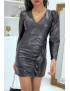 Robe noir col V en simili avec froncé - 5
