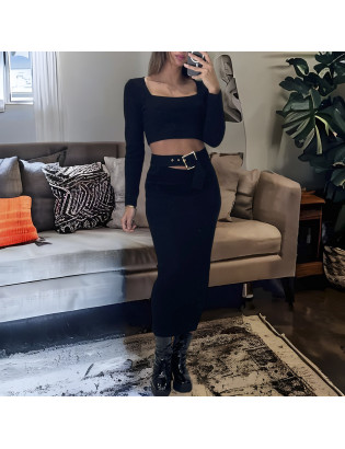 Ensemble haut et jupe noir avec accessoire ceinture intégré  - 3