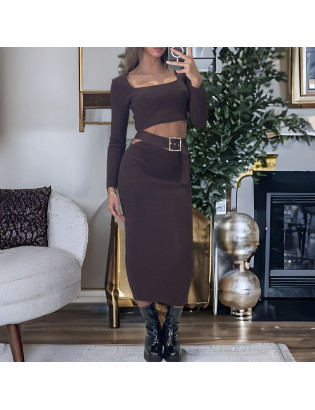 Ensemble haut et jupe marron avec accessoire ceinture intégré - 2
