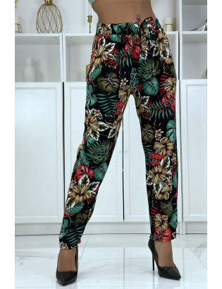 Pantalon fluide noir à motif floral B-29 - 1