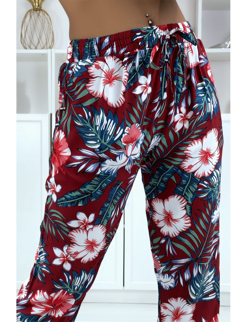 Pantalon fluide bordeaux à motif floral a-45 - 1