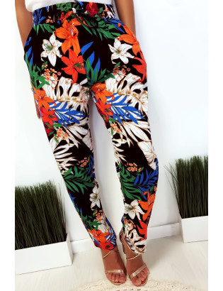 Pantalon fluide très agréable à porter en coton, motif fleuri noir avec poche et lacet - 4