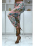 Pantalon fluide rose à motif floral a-14 - 1