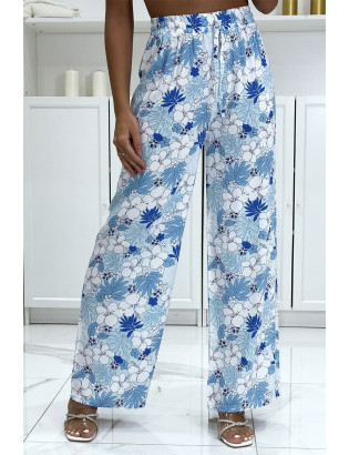 Pantalon palazzo turquoise motif fleurs et feuilles  - 3