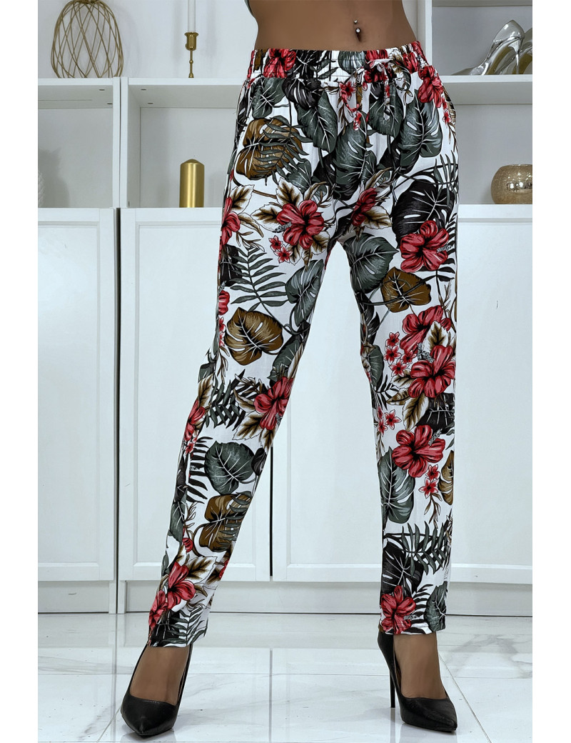 Pantalon fluide blanc à motif floral B-29 - 1