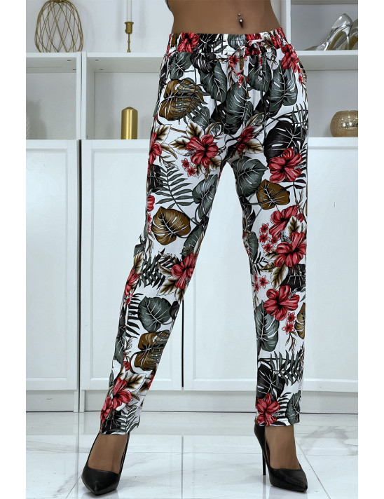 Pantalon fluide blanc à motif floral B-29 - 1