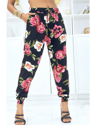 Pantalon noir à fleurs fluide élastique à la taille et aux chevilles - 1