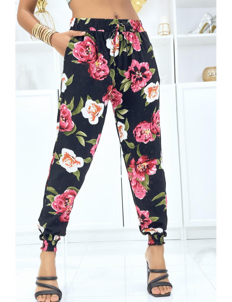 Pantalon noir à fleurs fluide élastique à la taille et aux chevilles - 1
