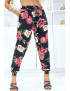 Pantalon noir à fleurs fluide élastique à la taille et aux chevilles - 1