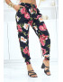 Pantalon noir à fleurs fluide élastique à la taille et aux chevilles - 2