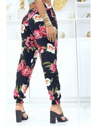 Pantalon noir à fleurs fluide élastique à la taille et aux chevilles - 3
