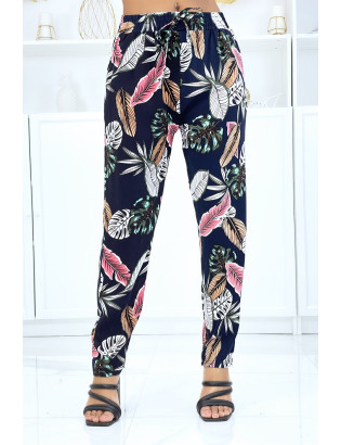 Pantalon marine à feuillage, fluide élastique à la taille - 1