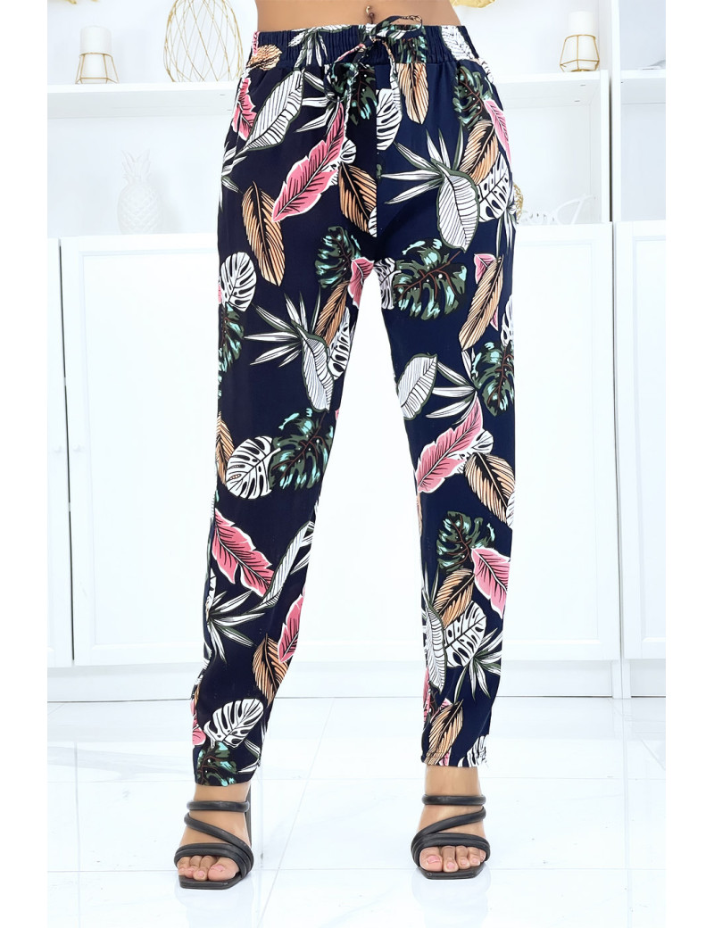 Pantalon marine à feuillage, fluide élastique à la taille - 1