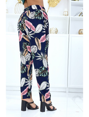 Pantalon marine à feuillage, fluide élastique à la taille - 3