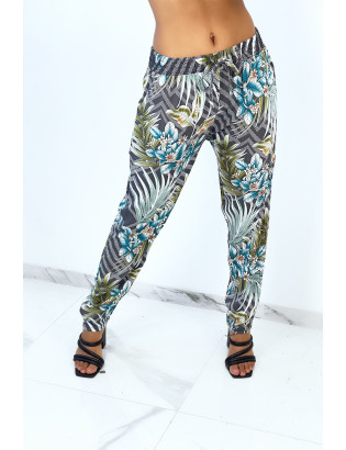 Pantalon fluide gris à rayures en pointillés et imprimé floral - 1