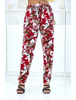 Pantalon rouge à feuillage, fluide élastique à la taille - 1