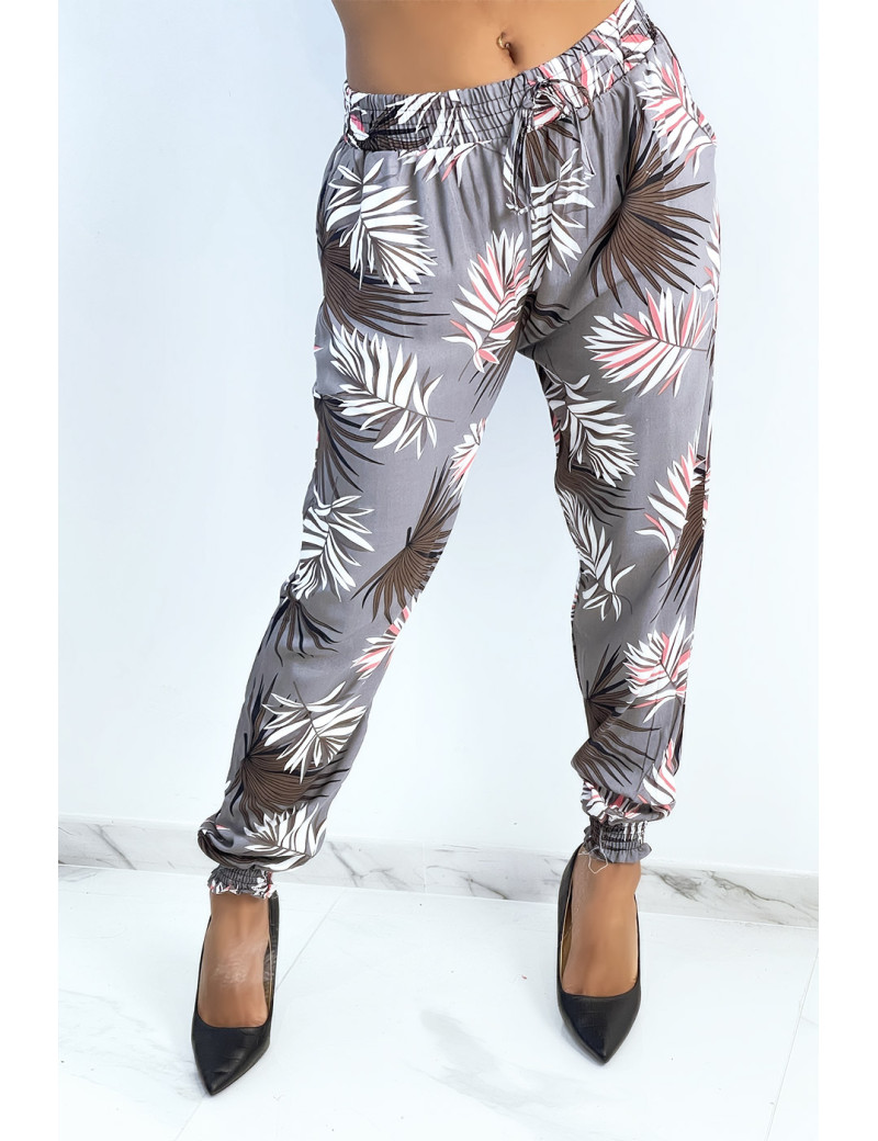Pantalon ample gris à imprimé feuillage d'automne - 3