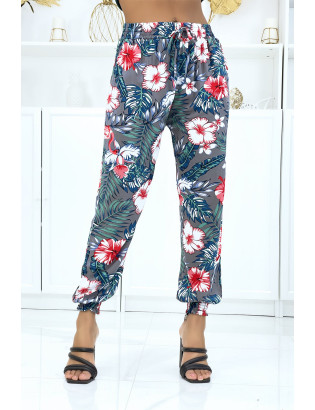 Pantalon gris à motif floral, fluide élastique à la taille et aux chevilles  - 1