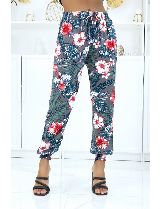 Pantalon gris à motif floral, fluide élastique à la taille et aux chevilles - 1 Pantalon gris à motif floral, fluide élastique à la taille et aux chevilles - 1