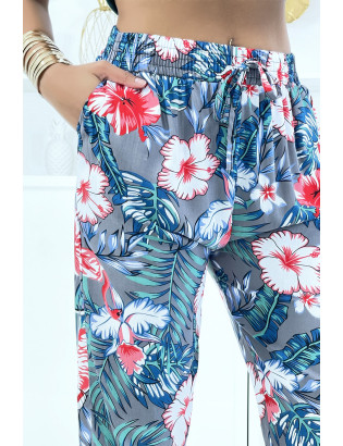 Pantalon gris à motif floral, fluide élastique à la taille et aux chevilles  - 4