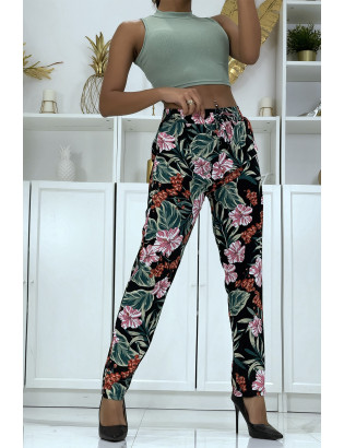 Pantalon fluide noir à motif floral B-21 - 1