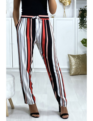 Pantalon rayé en coton rose rouge blanc avec poches - 2