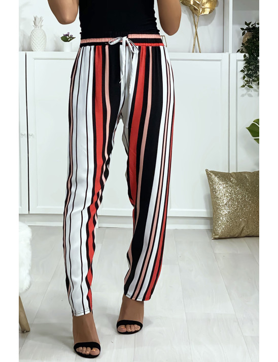 Pantalon rayé en coton rose rouge blanc avec poches - 3