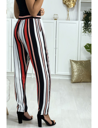 Pantalon rayé en coton rose rouge blanc avec poches - 4