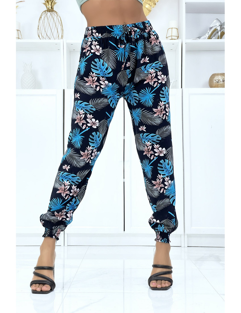 Pantalon à plumes bleu royal fluide élastique à la taille et aux chevilles - 1