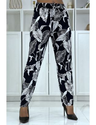 Pantalon fluide marine à motif floral B-31 - 1