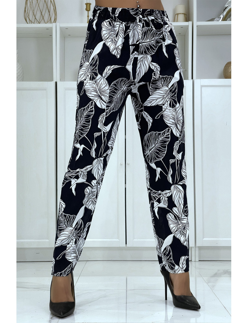 Pantalon fluide marine à motif floral B-31 - 1