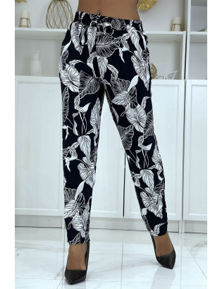 Pantalon fluide marine à motif floral B-31 - 3