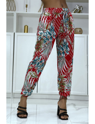 Pantalon fluide rouge à motif floral a-14 - 3
