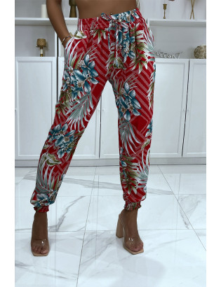 Pantalon fluide rouge à motif floral a-14 - 5