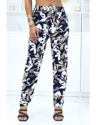 Pantalon marine à feuillage, fluide élastique à la taille - 1