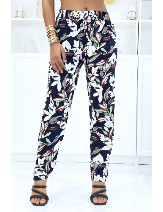 Pantalon marine à feuillage, fluide élastique à la taille - 1 Pantalon marine à feuillage, fluide élastique à la taille - 1