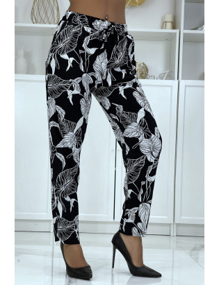 Pantalon fluide noir à motif floral B-31 - 3