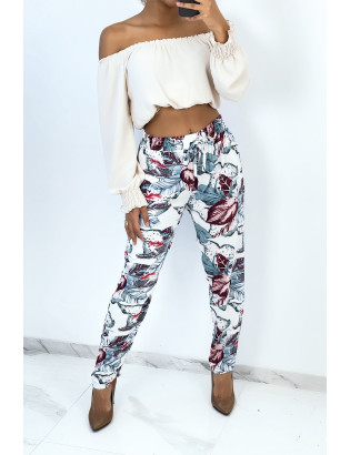 Pantalon fluide bleu coupe droite à large imprimé tropical - 1