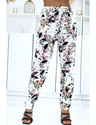 Pantalon blanc à feuillage, fluide élastique à la taille - 1