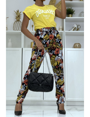 Pantalon fluide moutarde à motif floral B-59 - 1