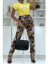 Pantalon fluide moutarde à motif floral B-59 - 1