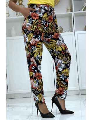 Pantalon fluide moutarde à motif floral B-59 - 3