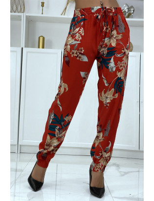 Pantalon fluide rouge à motif floral B-36 - 1