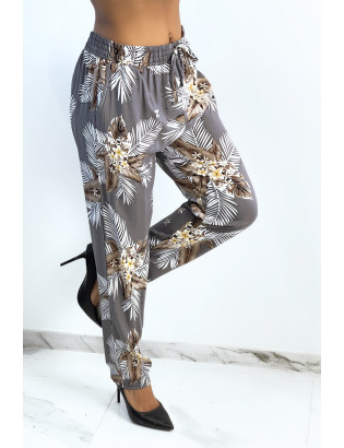 Pantalon fluide gris à imprimé feuillage et fleuri - 1