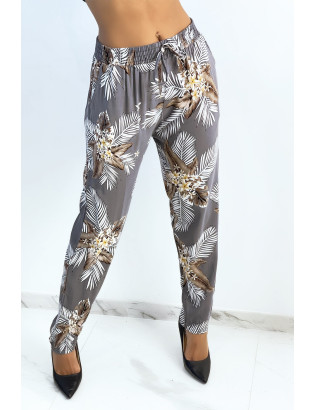 Pantalon fluide gris à imprimé feuillage et fleuri - 3