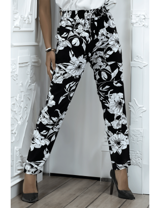 Pantalon fluide marine à motif floral B-54 - 1